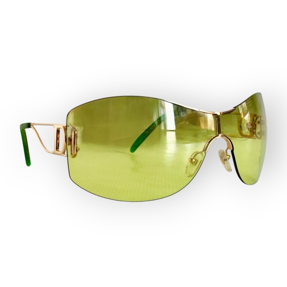 Auth RARE DIOR Vintage Green Sunglasses Y2K Sheer shield Rimless Gold D detail